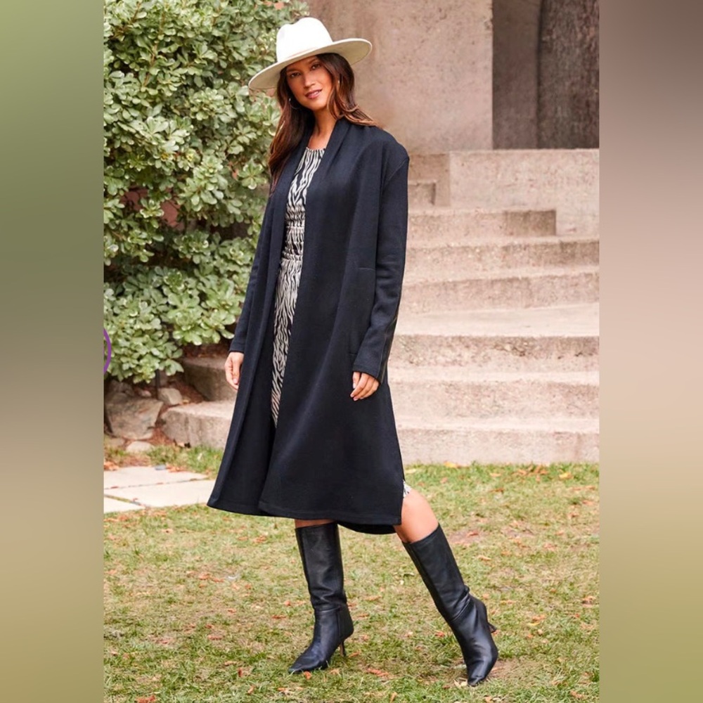 Black Faux Leather Patch Duster - Karen Kane 3L57505 Black Long Cardigan